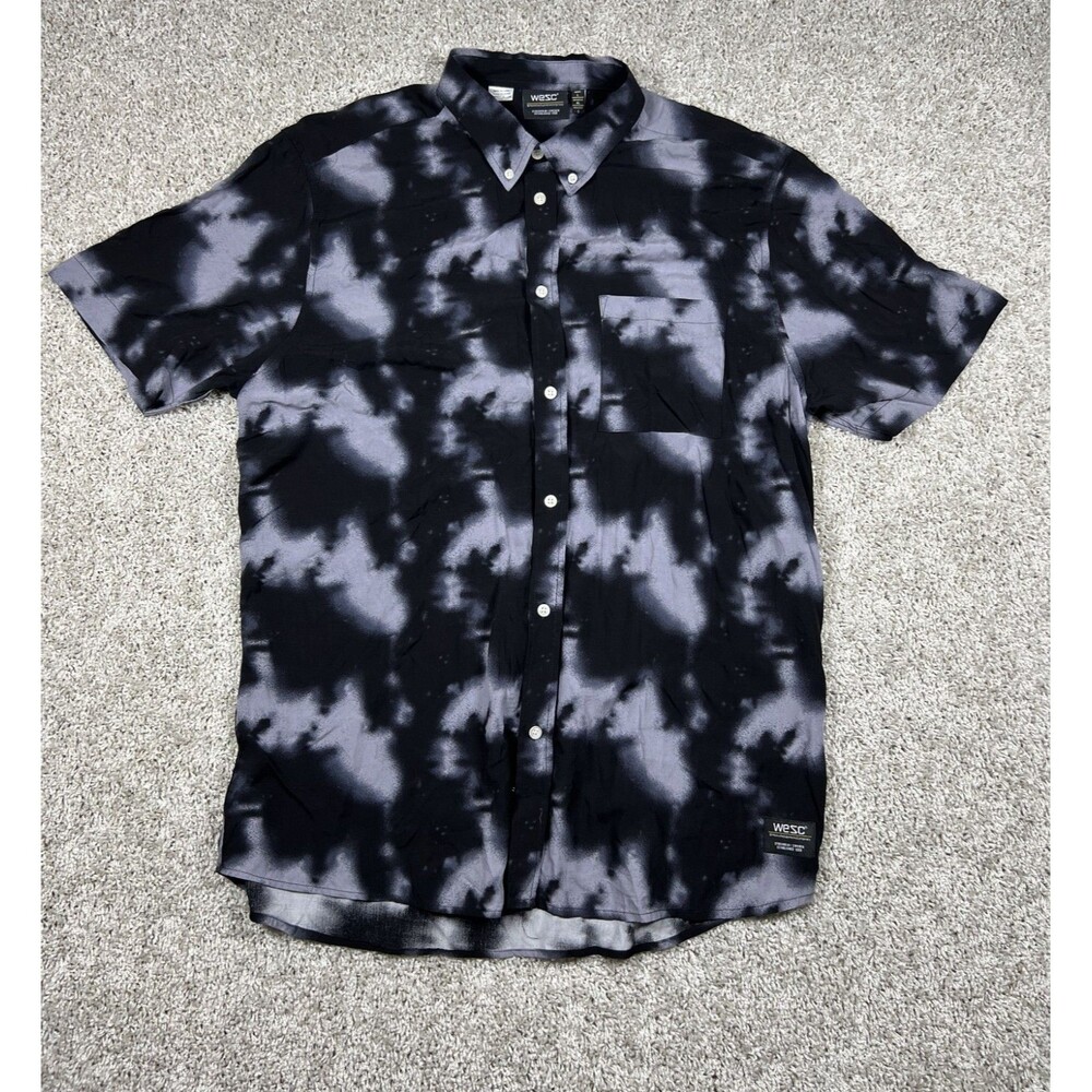 WeSC Tie Dye Button Up Shirt Mens L Black Gray Streetwear Y2K